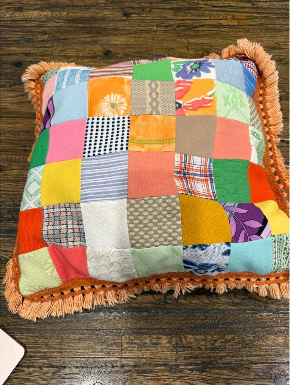 Cotton Patchwork Quilted Throw Pillow with Fringe Trim